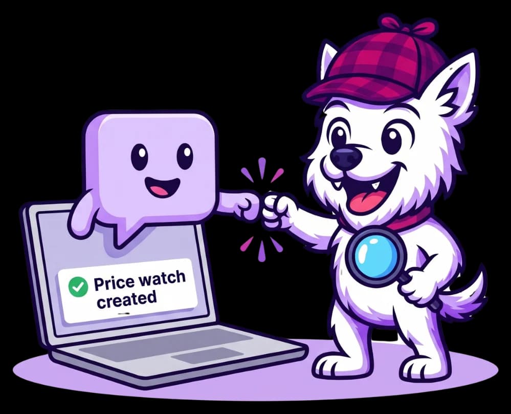 The FindFetcher mascot fist-bumping an AI assistant that has just created a price watch on a laptop