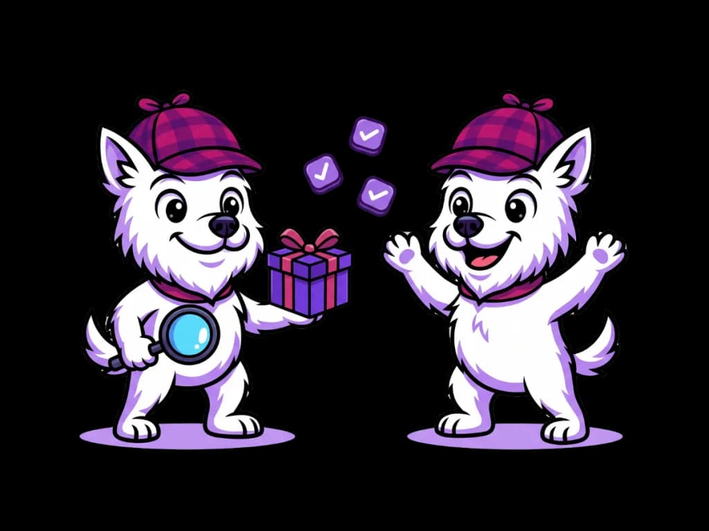 Two FindFetcher mascots sharing a wrapped present