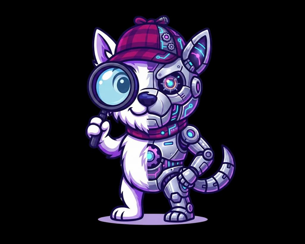 The FindFetcher mascot as a half-robot detective holding a magnifying glass