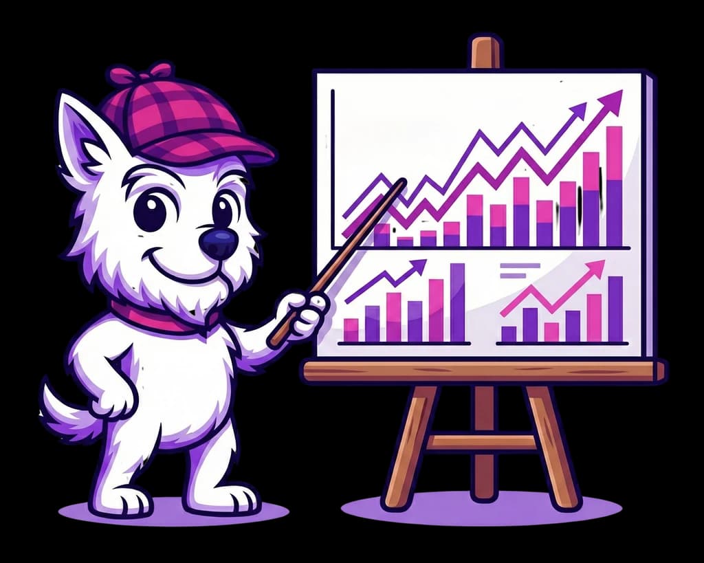 The FindFetcher mascot pointing at a chart of rising prices