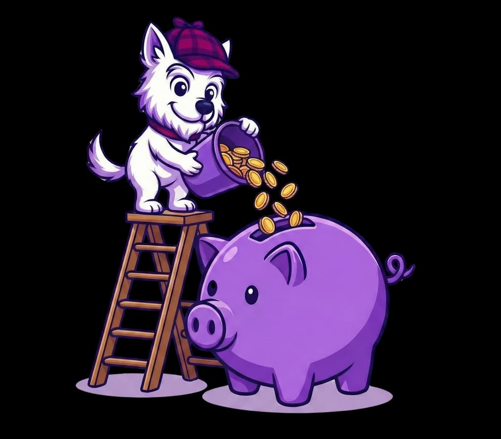 The FindFetcher mascot on a ladder pouring coins into a piggy bank