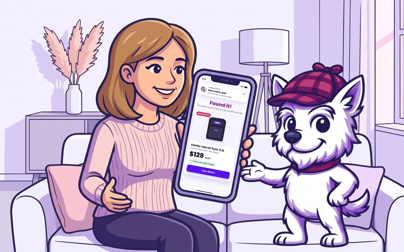 Illustration of a woman on her sofa showing a FindFetcher match on her phone, an air fryer found under her budget, with the Fetcher mascot beside her