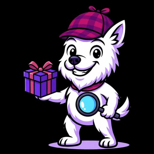 FindFetcher mascot holding a wrapped present