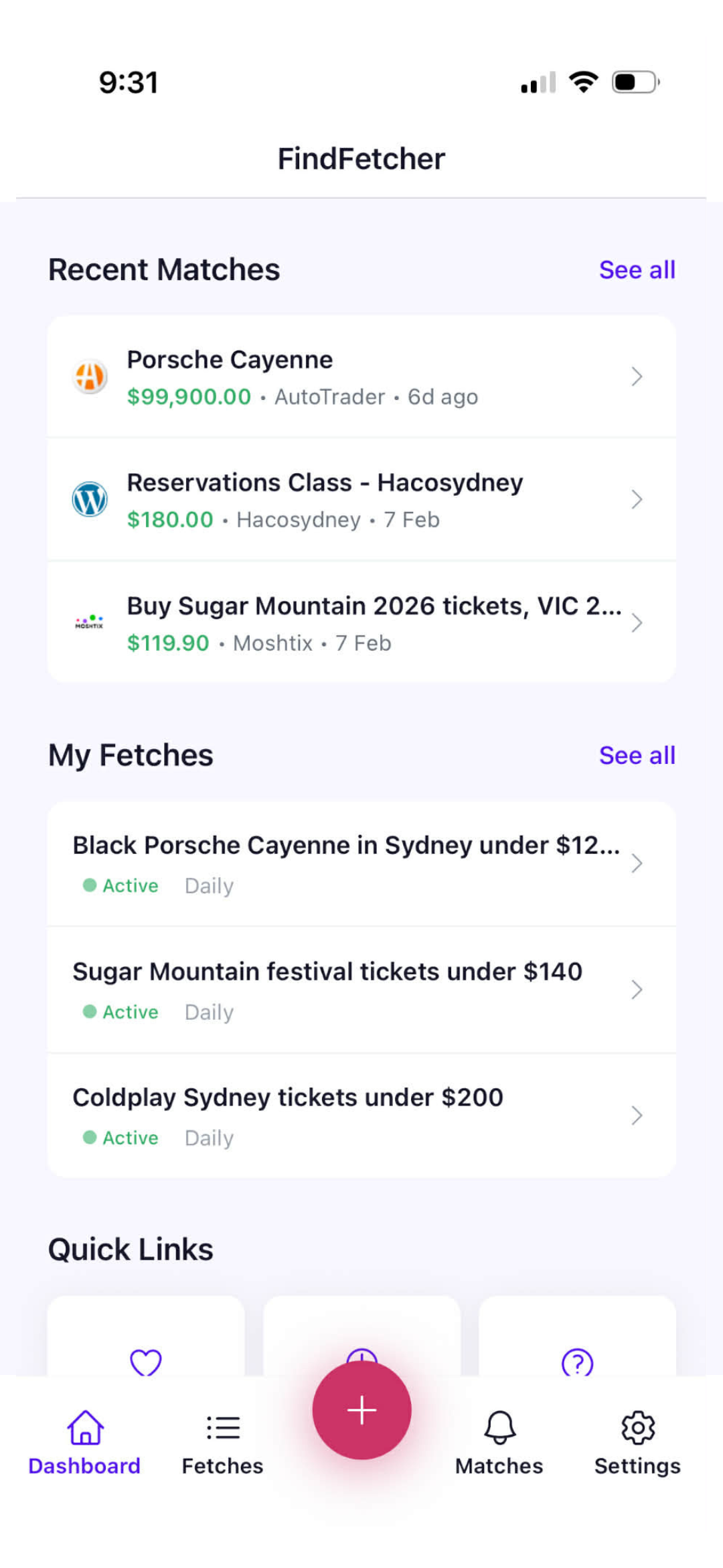 FindFetcher mobile app dashboard